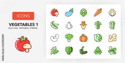 Line icons about vegetables. Contains such icons as soy, eggplant, onion and more. 256x256 Pixel Perfect editable in colors. Set 1 of 2