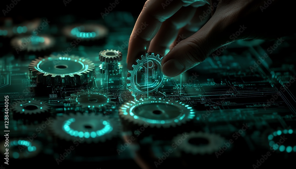 Obraz premium A hand guiding interconnected gears, surrounded by a glowing tech grid, symbolizing smooth collaboration and system integration