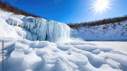 Frozen waterfall nature idea. Majestic frozen waterfall glistening under the bright sun in a snowy landscape.