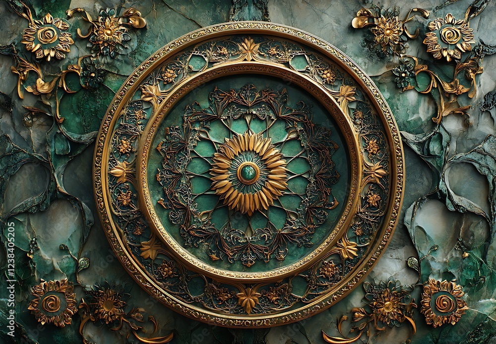 Intricate Green and Gold Wall Decoration Featuring a Circular Design with Floral Motifs and a Central Sunburst Element
Intricate Green and Gold Wall Decoration Featuring a Circular Design with Floral Motifs and a Central Sunburst Element