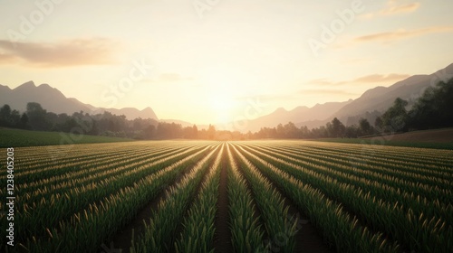 Wallpaper Mural Majestic Sunrise Over Lush Green Fields Surrounded by Mountains and Gentle Hills in Rural Landscape Torontodigital.ca