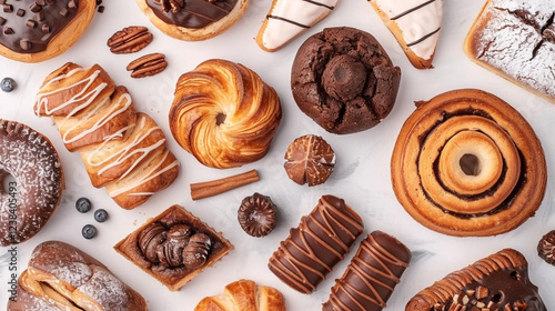 Different tasty pastries and dishes on table top view