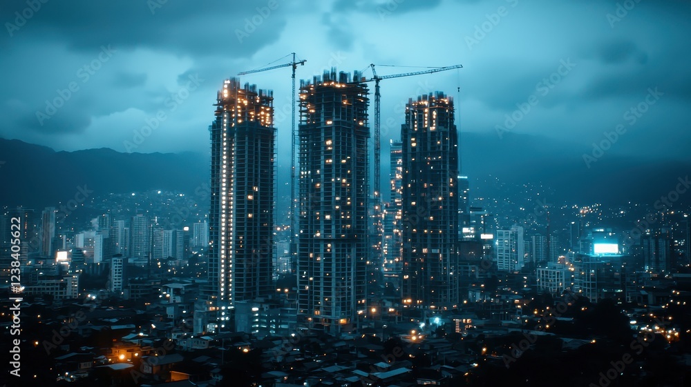 Fototapeta premium Night View of Modern Skyscrapers Under Construction in a City