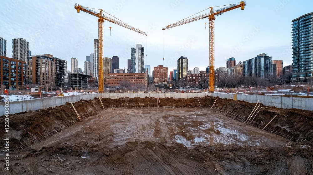 Fototapeta premium Urban Construction Site with Tower Cranes and City Skyline in Winter