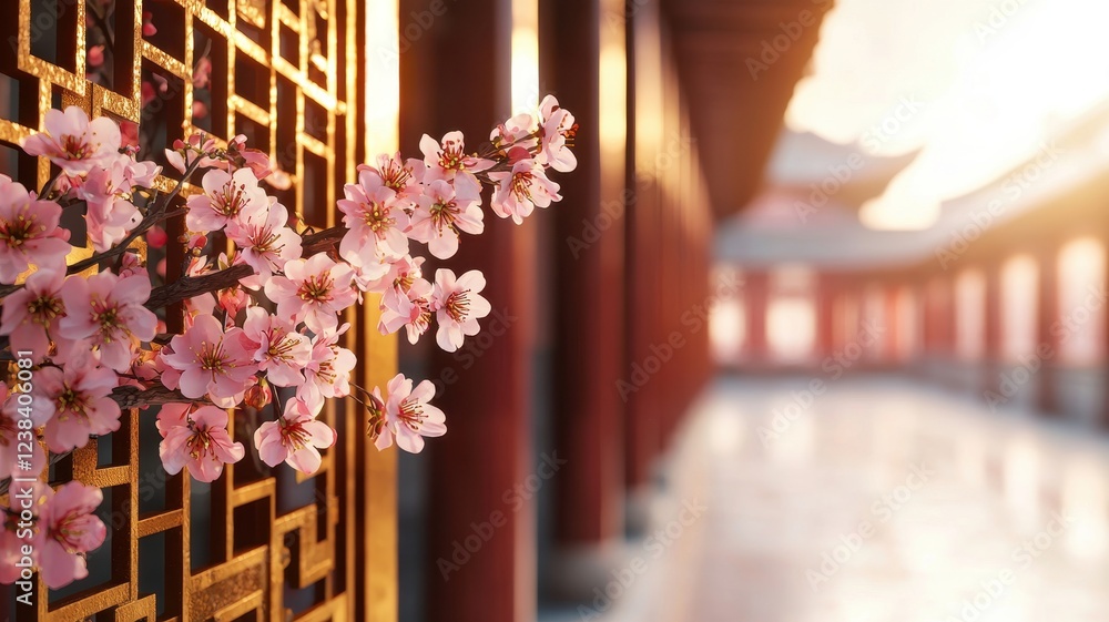Pink Blossom Branch at Golden Asian Architecture Springtime Scene Pink Blossom Branch at Golden Asian Architecture Springtime Scene