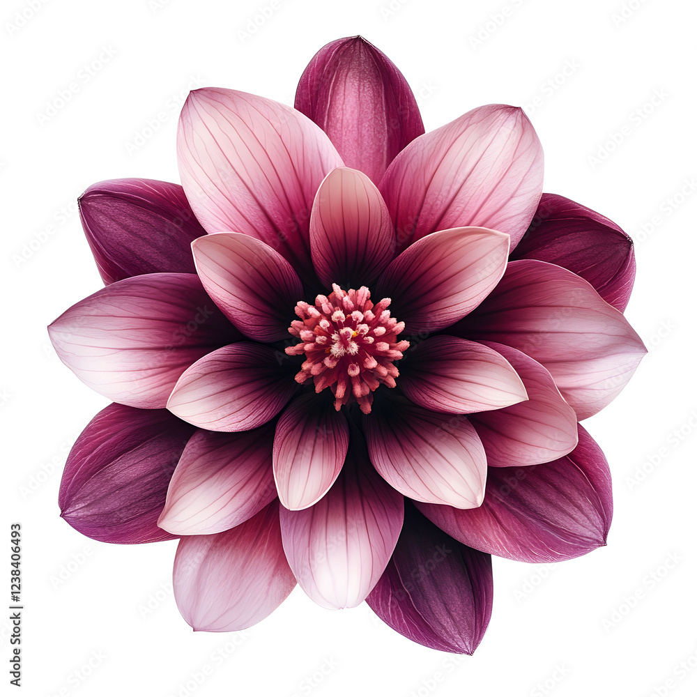 Fototapeta premium High-resolution photograph of a purple flower with a pink center, isolated on a white background. The flower appears to be a hibiscus, with a clean, transparent PNG cutout. 