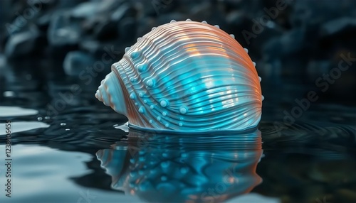 Luminous Seashell:  Stunning 3D Render of Iridescent Ocean Treasure, Teal and Orange Hues, Water Reflection