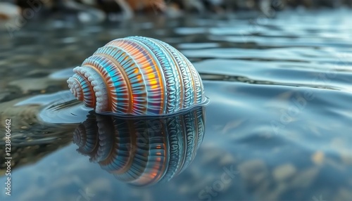 Vibrant Rainbow Seashell in Calm Water Reflection Stunning Macro Photography Nature Jewel Ocean Treasure Coastal Art