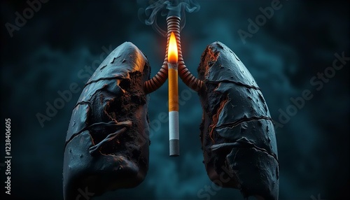 Dark Artistic Image: Smoking's Impact on Lungs, Blackened and Damaged Respiratory System, Cigarette as a Symbol of Harm, Health Risk Awareness