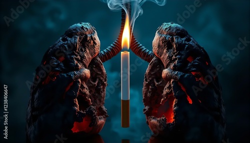 Dark Artistic Lungs and Burning Cigarette: Smoking's Deadly Impact on Respiratory Health, Lung Cancer Awareness
