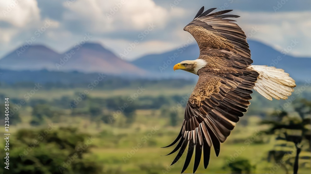 Wildlife encounter nature idea. A majestic eagle soaring over a scenic landscape with mountains in the background. Wildlife encounter nature idea. A majestic eagle soaring over a scenic landscape with mountains in the background.