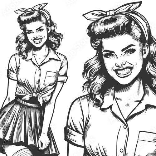 pin-up woman with curled hair, a headband, and a tied blouse, exuding classic 1950s charm sketch engraving generative ai vector illustration. Scratch board imitation. Black and white image.