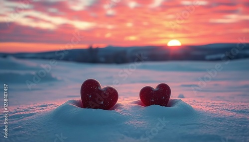 Romantic Winter Sunset: Two Red Hearts in Snowy Landscape, Valentine's Day Love, Cold Weather Romance, Beautiful Nature Photography