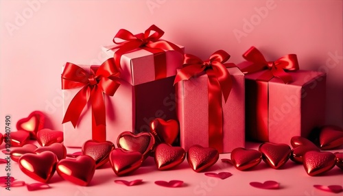 Romantic Valentine's Day Gifts: Red Presents with Hearts, Pink Background, Festive Holiday Image