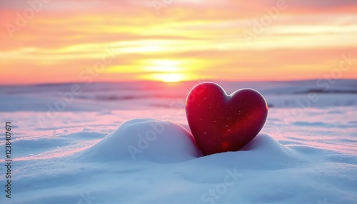 Romantic Red Heart in Snowy Winter Sunset Landscape Photography