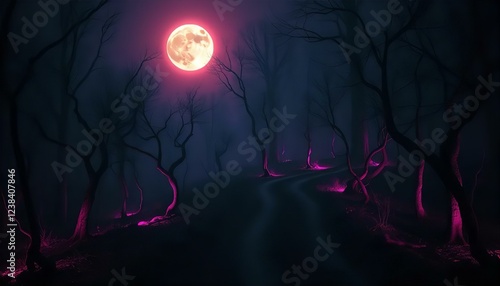 Eerie Pink Moonlit Forest Path: Dark Fantasy Art, Spooky Halloween Night Scene, Mysterious Woods, Digital Painting