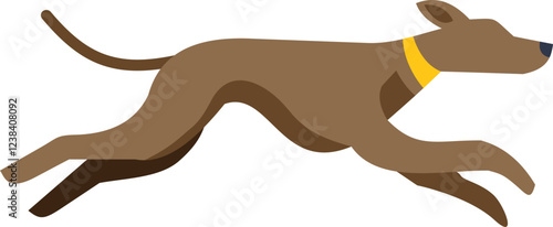 Side view of a brown greyhound dog running fast wearing a yellow collar