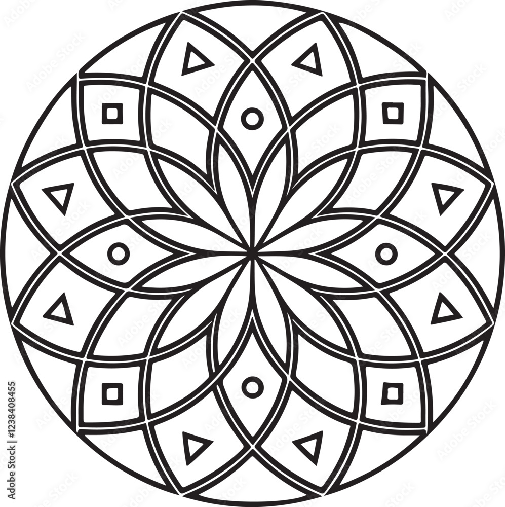 Intricate Circular Mandala with Geometric Patterns and Triangle Details Intricate Circular Mandala with Geometric Patterns and Triangle Details