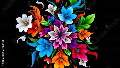 Vibrant Colorful Flower Bouquet Illustration Digital Art Print Abstract Floral Design Black Background