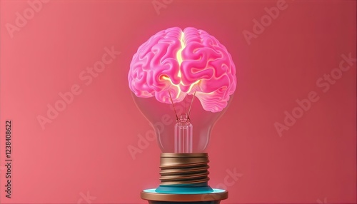 Pink Brain Lightbulb Idea Concept: Creative Thinking Illumination Inspiration Stock Photo