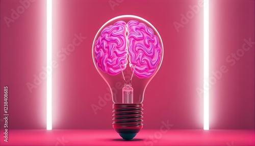 Pink Neon Lightbulb Brain: Innovative Ideas and Creative Thinking Concept, Abstract 3D Render