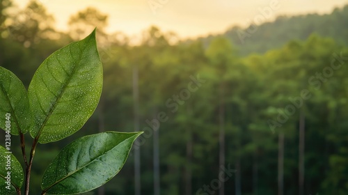 Golden hour forest nature concept. Close-up view of vibrant green leaves in a serene forest setting during golden hour.