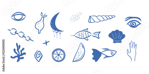 Mediterranean sea elements vector set, blue color ocean set
