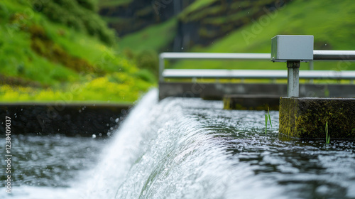 serene view of rural hydropower plant utilizing natural waterfall photo