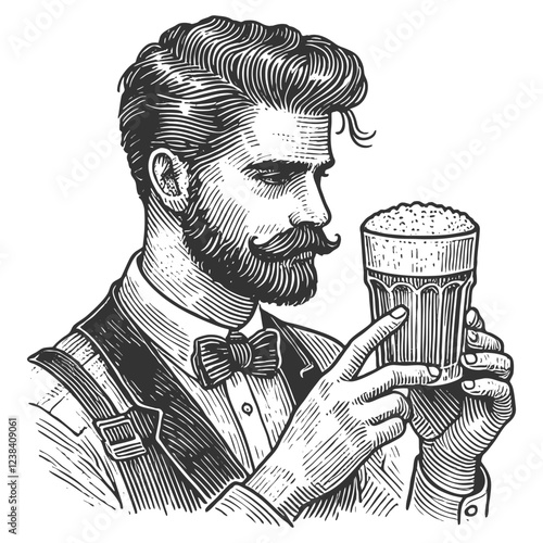 Bartender hipster with a mustache, bow tie, and suspenders carefully examining a frothy glass of beer sketch engraving generative ai vector illustration. Scratch board imitation. Black and white image