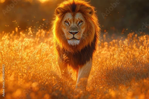 Fototapeta Majestic Lion Walking Through Golden Grassland Sunset