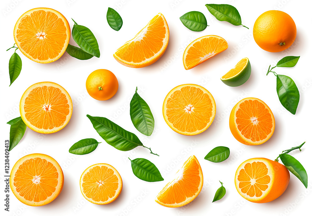 Set of oranges cut in half, top view and side view, white background, high-resolution photography. Set of oranges cut in half, top view and side view, white background, high-resolution photography.