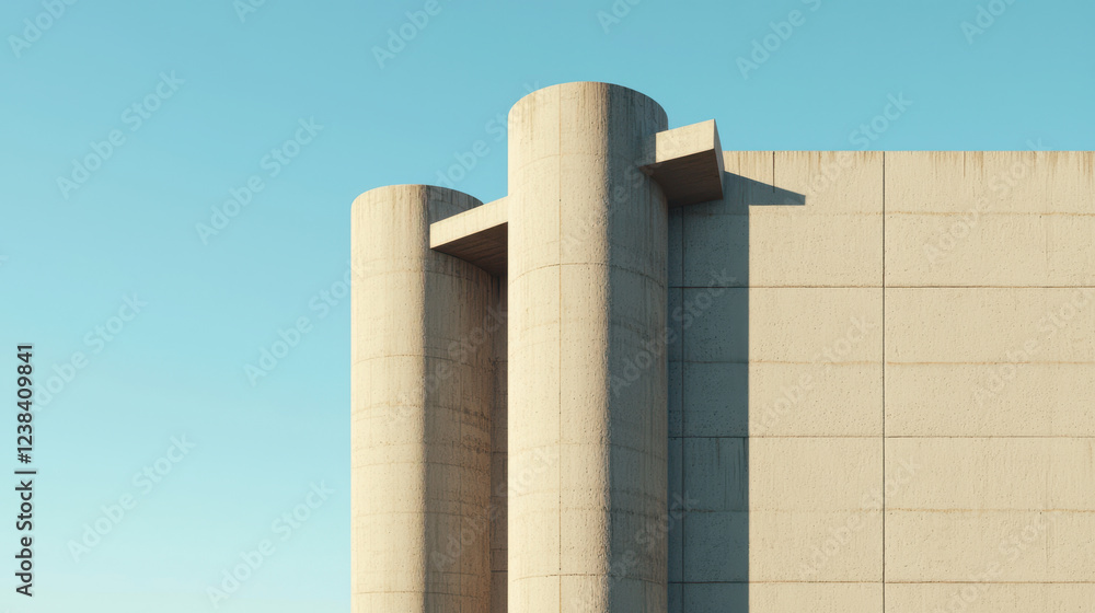 Modern concrete structure with cylindrical towers against clear sky Modern concrete structure with cylindrical towers against clear sky