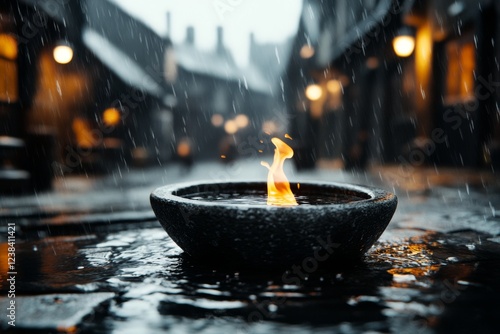 A gothic stone fountain in the middle of a desolate town square, with water trickling faintly, symbolizing the necessity of survival in a bleak world photo