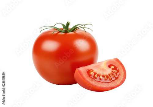 A tomato and a half slice tomato isolated on white background, front angled view, no depth of field, sharp