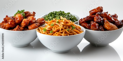 Three bowls presenting delicious chinese food with chicken and noodles photo