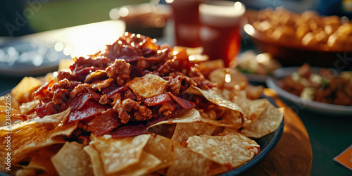 Obraz na płótnie Nachos with Seasoned Meat and Cheese w salonie