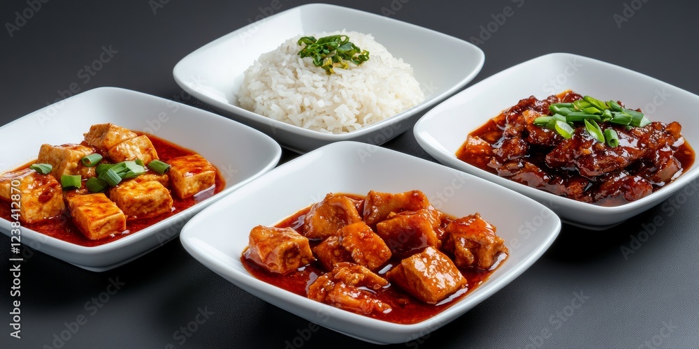 Four square bowls presenting mapo tofu, general tso's chicken, char siu pork, and steamed rice Four square bowls presenting mapo tofu, general tso's chicken, char siu pork, and steamed rice