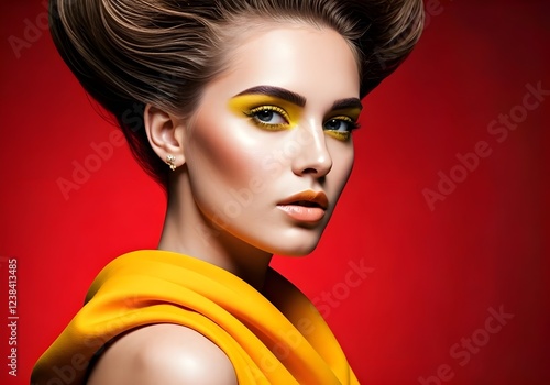 Wallpaper Mural Fashion portrait of a woman with glamour yellow makeup on the red background Torontodigital.ca