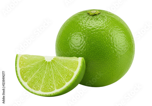A lime and a Slice of lime isolated on white background, front angled view, no depth of field, sharp
