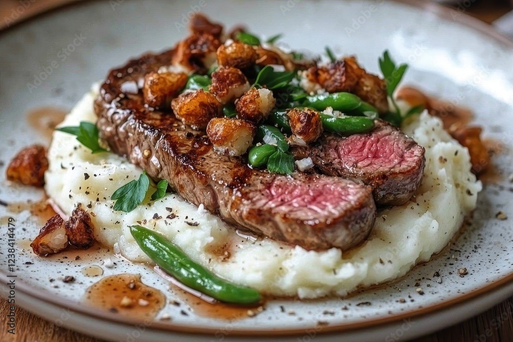 Grilled steak with mashed potatoes and green beans Grilled steak with mashed potatoes and green beans