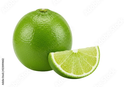 A lime and a Slice of lime isolated on white background, front angled view, no depth of field, sharp