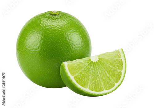 A lime and a Slice of lime isolated on white background, front angled view, no depth of field, sharp