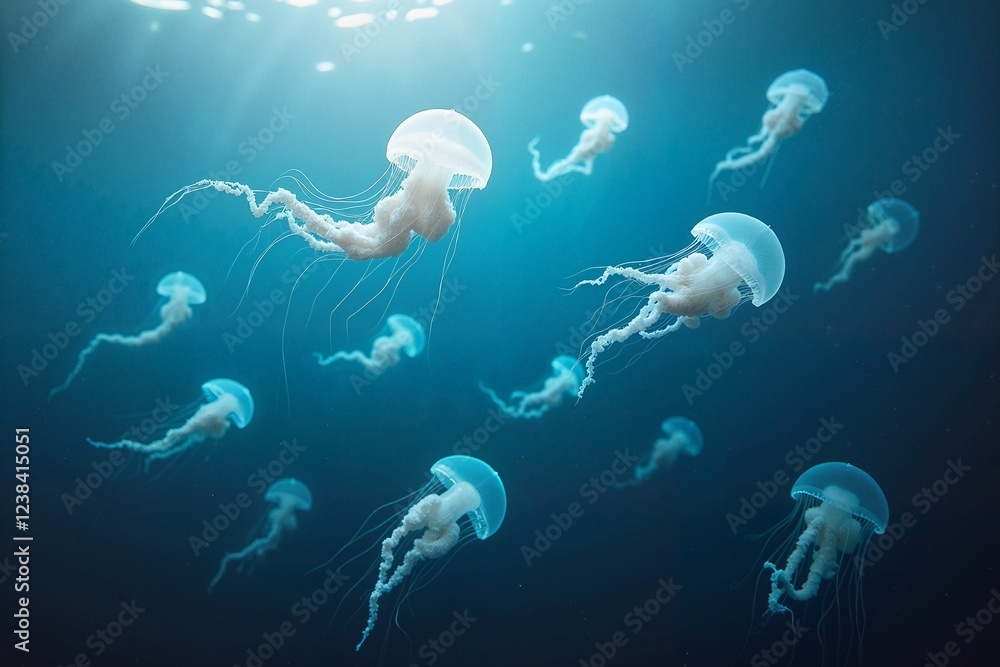 Naklejka premium Underwater scene featuring mesmerizing jellyfish gracefully pulsating through the deep blue ocean, highlighting marine beauty and tranquility.