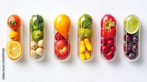colorful fruits and vegetables inside clear medicine pill capsules on a white background.
