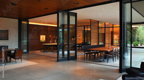 Wallpaper Mural Pivoting Glass Doors (Modern) Description: These doors combine glass and minimalist design, often as full-length panes that pivot on a central axis.  Torontodigital.ca