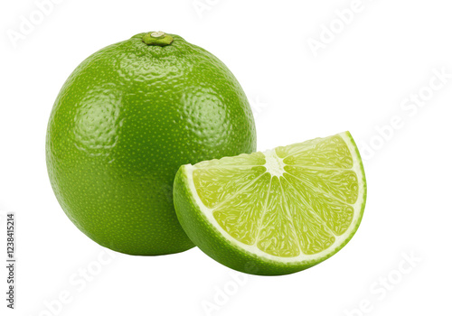 A lime and a Slice of lime isolated on white background, front angled view, no depth of field, sharp