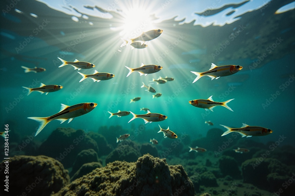 Fototapeta premium School of small fish swimming gracefully under bright sunlight in a vibrant coral reef, aquatic beauty concept.