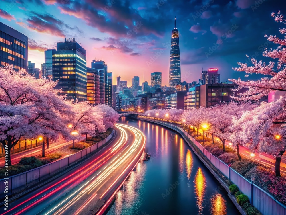Fototapeta premium Anime City Skyline Night View Long Exposure Flower Bloom Wallpaper