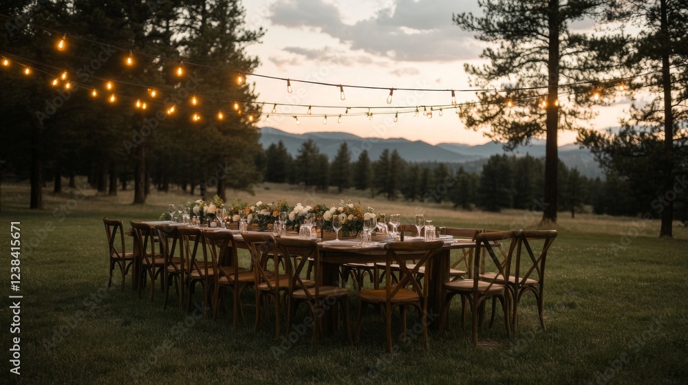 Fototapeta premium Outdoor dinner party, mountain view, string lights, sunset