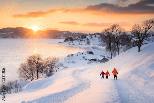 A partially frozen lake with skaters enjoying the cleared area while snow blankets the untouched surface